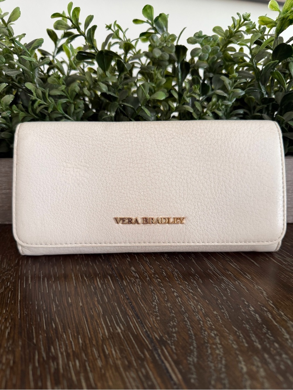 Vera Bradley Cream Pebbled Leather Wallet with Gold Logo